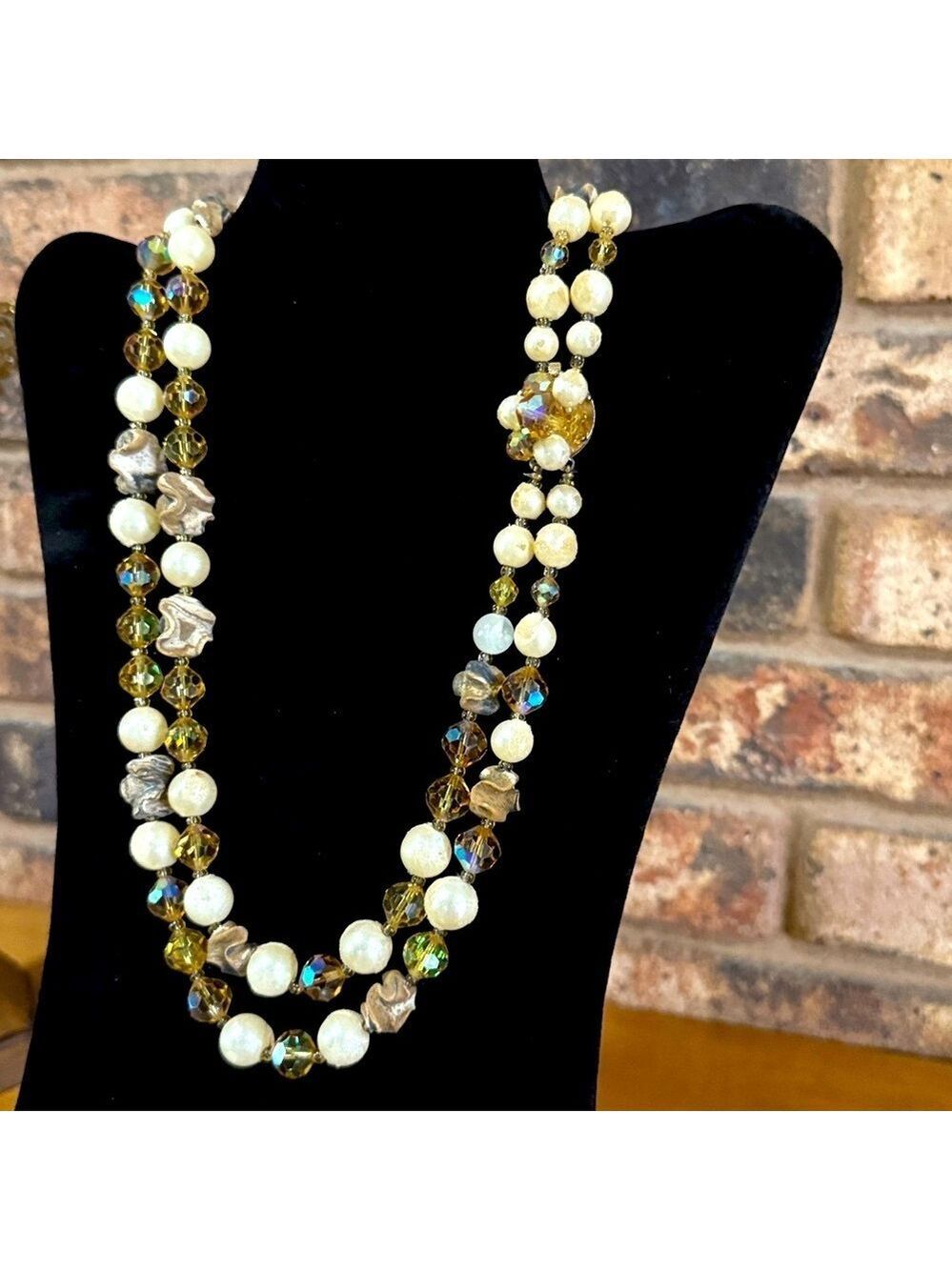 Vintage Amber Aurora Borealis double strand beaded necklace